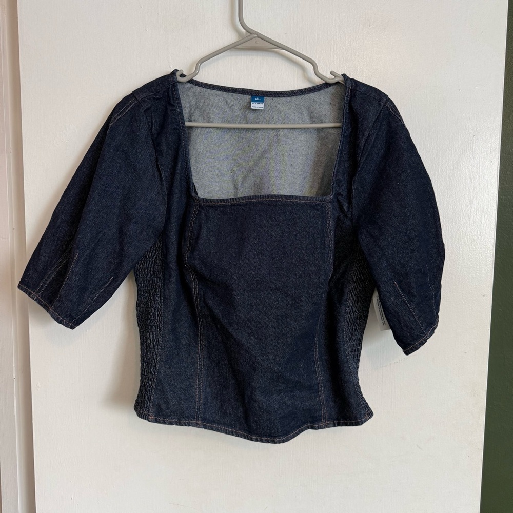NWT old navy dark denim smocked side square neck balloon sleeve blouse